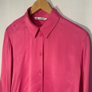 Zara Satin Effects Long Sleeve Cropped Button Down Top Fuchsia Pink XL